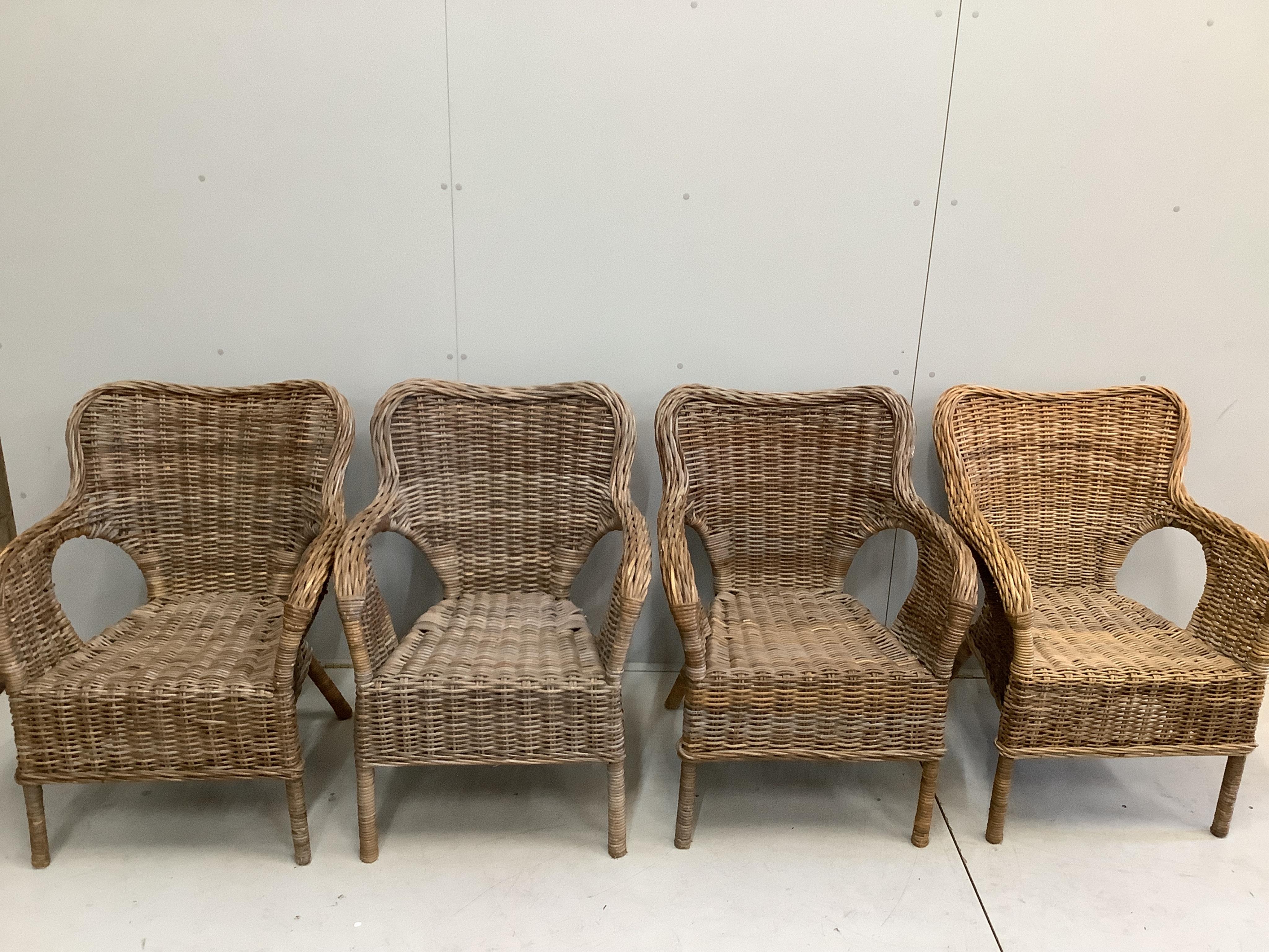 A set of eight rattan garden chairs, width 68cm, depth 54cm, height 90cm